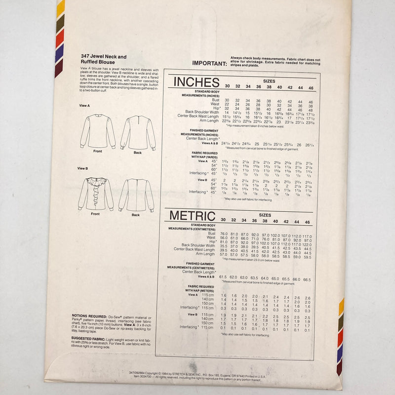 Stretch & Sew 347 | Adult Jewel Neck and Ruffled Blouse | Bust Sizes 30-46