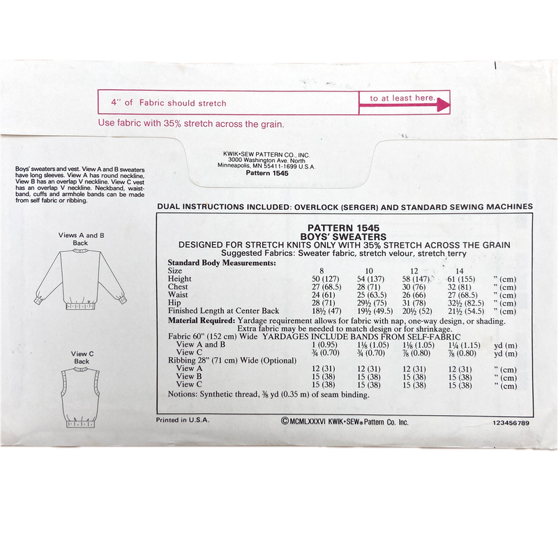 Kwik Sew 1545 | Kid's Sweaters | Size 8-14