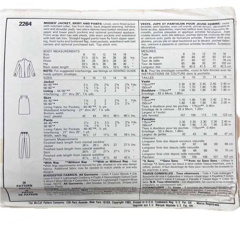 McCall's 2264 | Adult Jacket, Skirt and Pants | Size 10