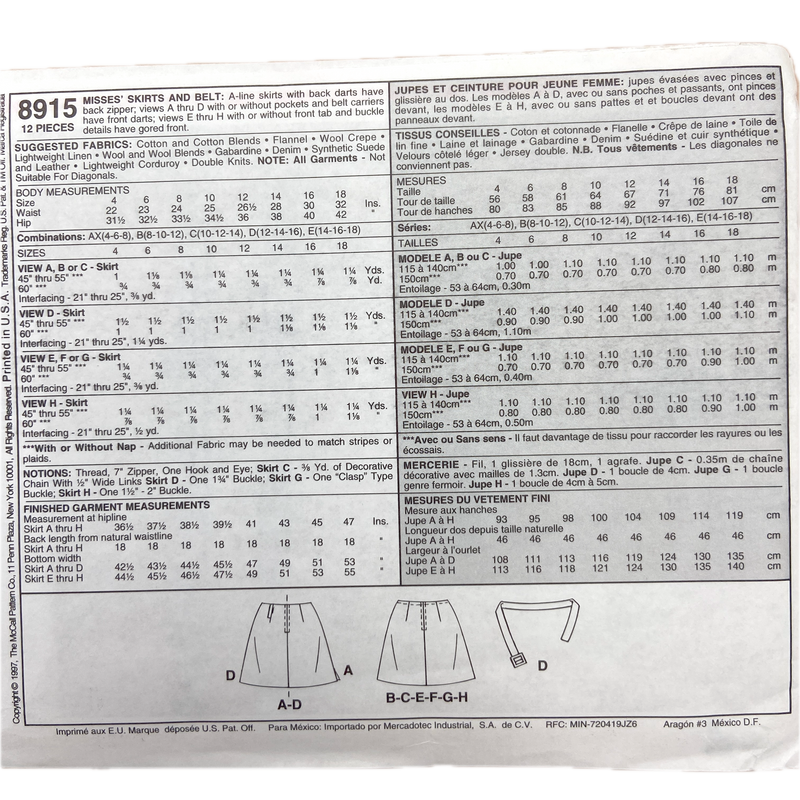 McCall's 8915 | Adult Skirts and Belt | Size 4-8