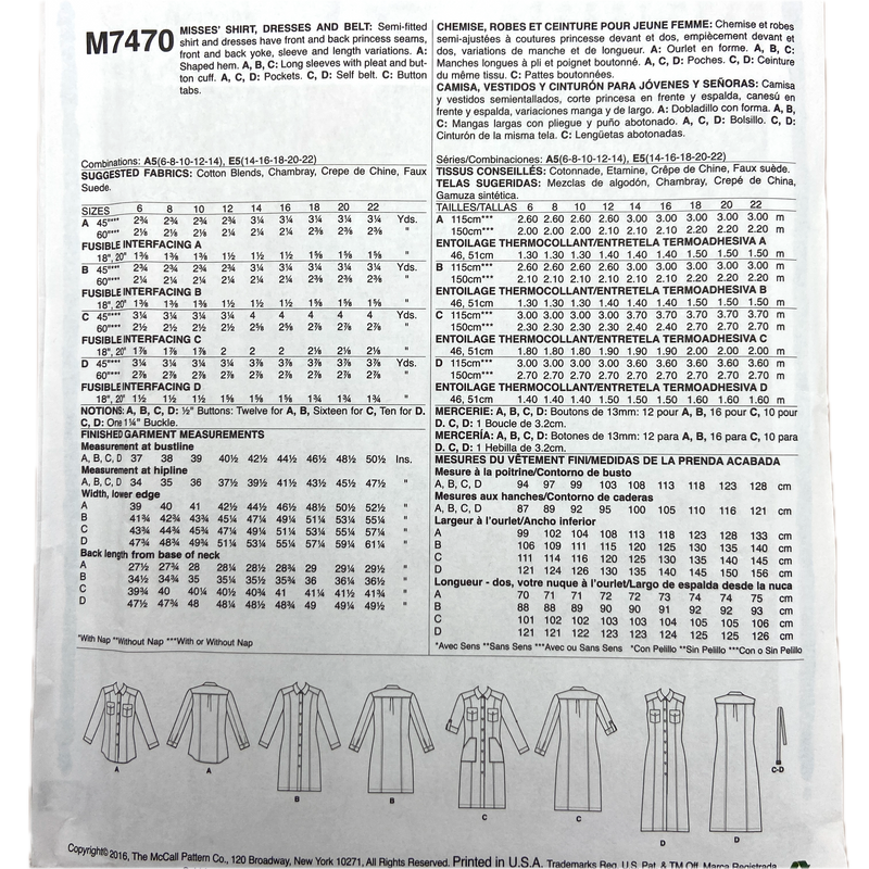 McCall's M7470 | Adult Shirt, Dresses and Belt | Size 6-14 or 14-22