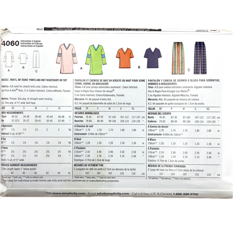 Simplicity 4060 | Adult Pants and Knit Nightshirt or Top | Size XS - XL