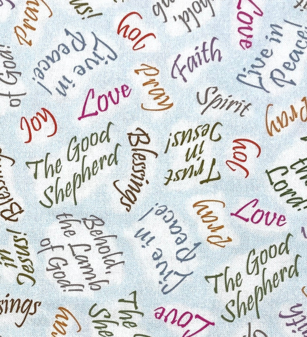 Christian words and phrases in multi colors on a baby blue background