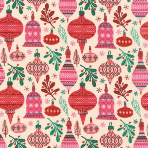 An off-white fabric with red and pink ornaments and green mistletoe printed on it.